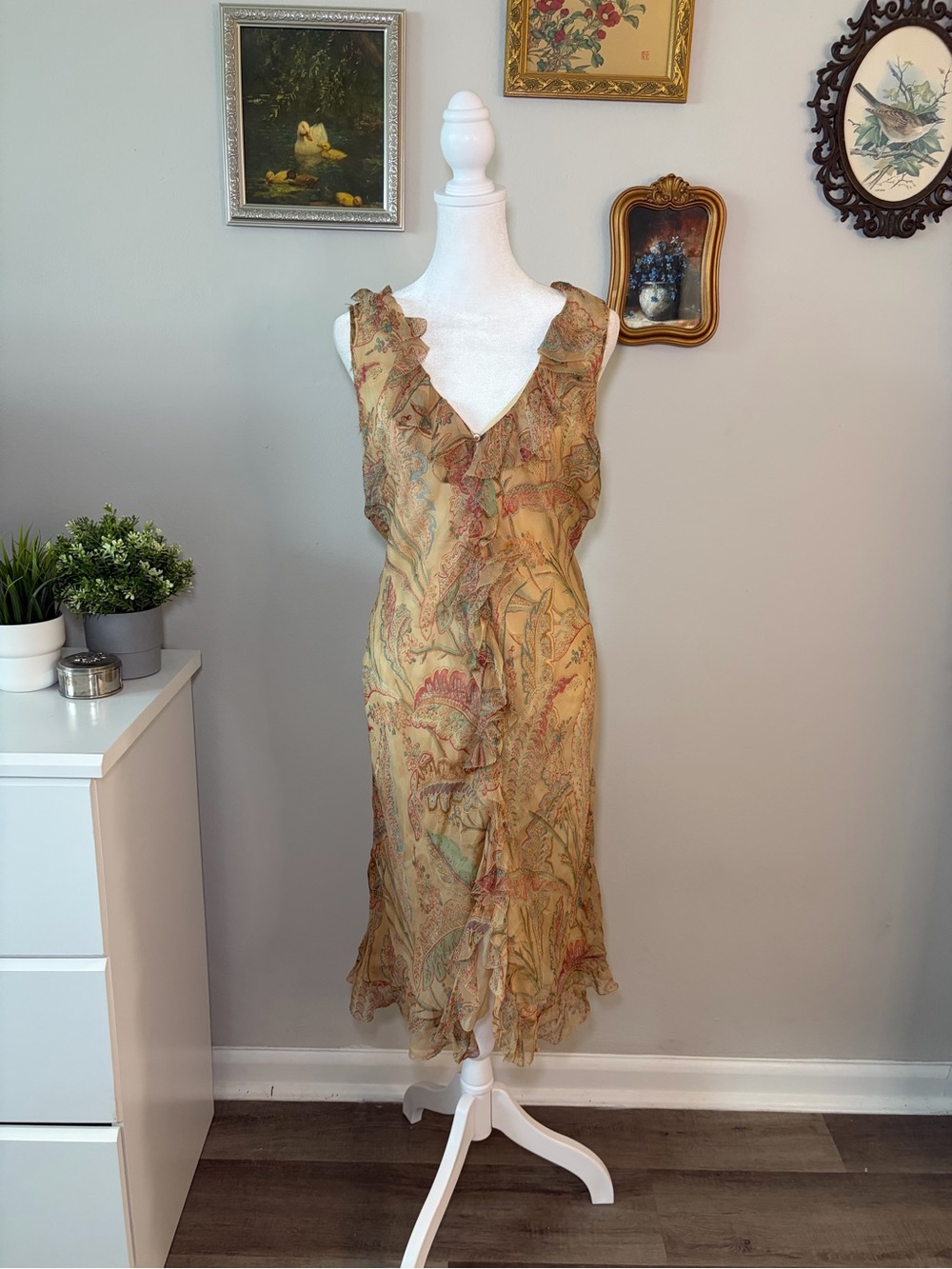 Vintage Ralph Lauren 100% Silk Paisley Ruffle Dress ✿ Size 4